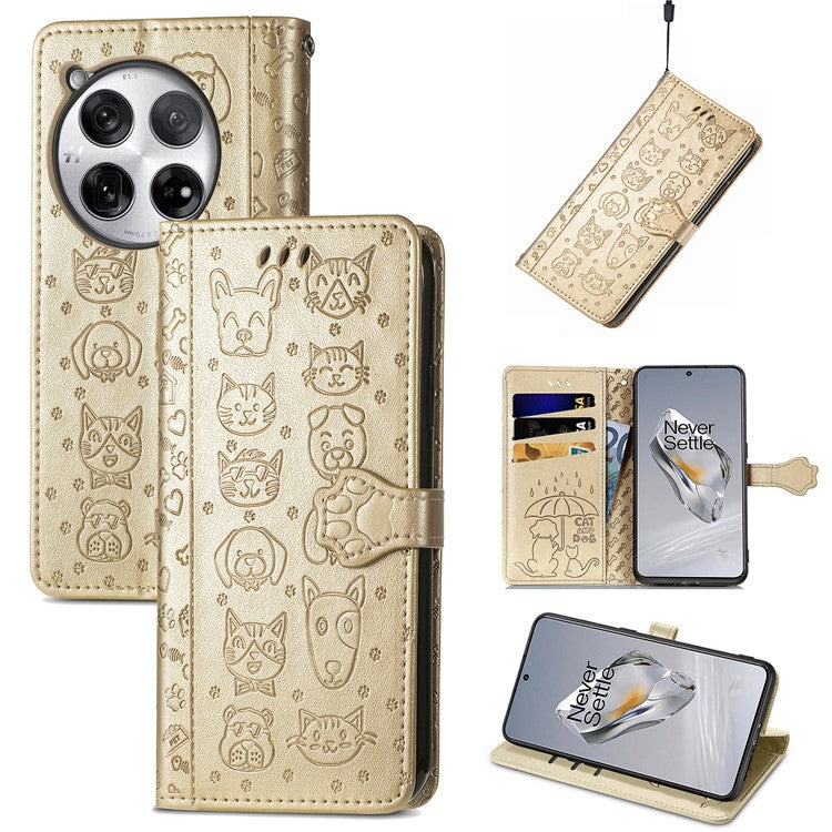For OnePlus 12 5G Case Cute Cat Dog Imprinted PU Leather Flip Phone Cover - Gold