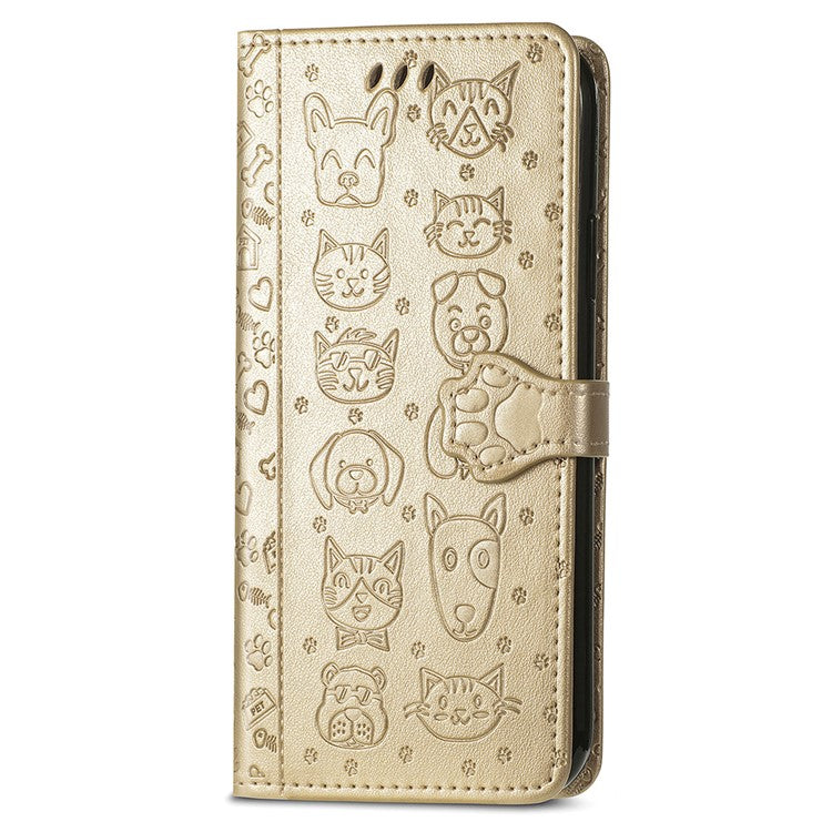 For OnePlus 12 5G Case Cute Cat Dog Imprinted PU Leather Flip Phone Cover - Gold