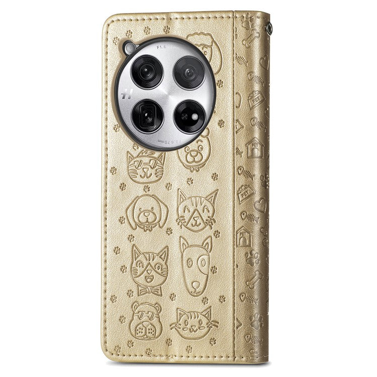 For OnePlus 12 5G Case Cute Cat Dog Imprinted PU Leather Flip Phone Cover - Gold