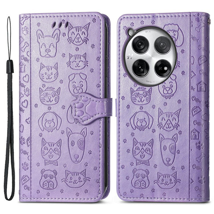 For OnePlus 12 5G Case Cute Cat Dog Imprinted PU Leather Flip Phone Cover - Purple