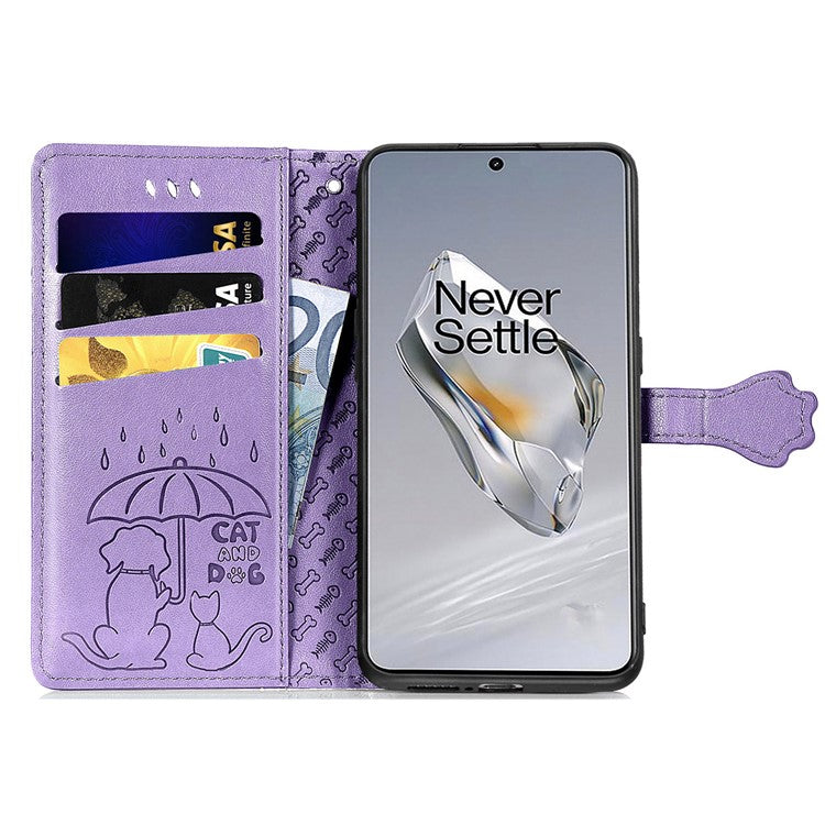 For OnePlus 12 5G Case Cute Cat Dog Imprinted PU Leather Flip Phone Cover - Purple