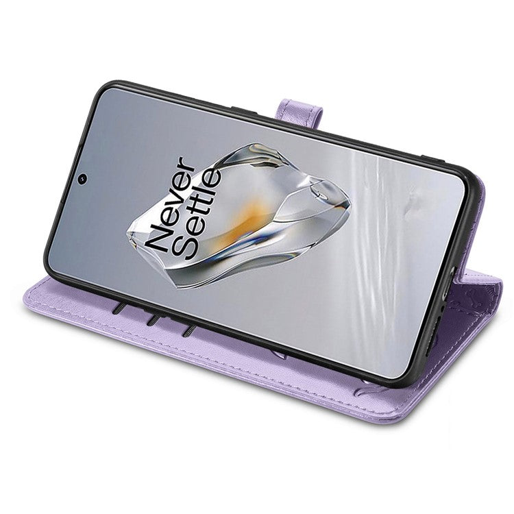 For OnePlus 12 5G Case Cute Cat Dog Imprinted PU Leather Flip Phone Cover - Purple