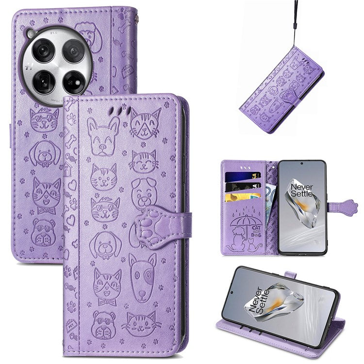 For OnePlus 12 5G Case Cute Cat Dog Imprinted PU Leather Flip Phone Cover - Purple