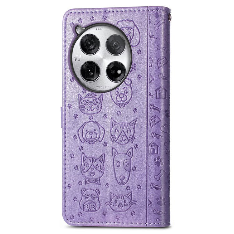 For OnePlus 12 5G Case Cute Cat Dog Imprinted PU Leather Flip Phone Cover - Purple