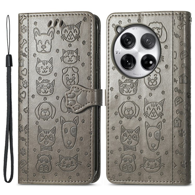 For OnePlus 12 5G Case Cute Cat Dog Imprinted PU Leather Flip Phone Cover - Grey