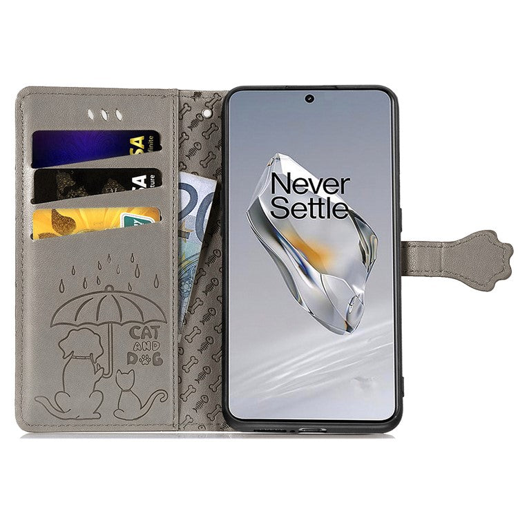 For OnePlus 12 5G Case Cute Cat Dog Imprinted PU Leather Flip Phone Cover - Grey
