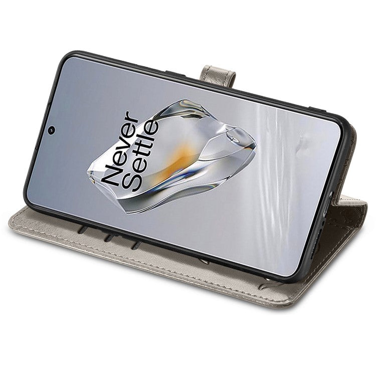 For OnePlus 12 5G Case Cute Cat Dog Imprinted PU Leather Flip Phone Cover - Grey