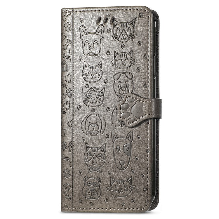 For OnePlus 12 5G Case Cute Cat Dog Imprinted PU Leather Flip Phone Cover - Grey