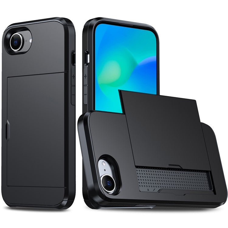 For iPhone 16e Case TPU + PC Dual Layer Armor Phone Cover with Sliding Card Slot - Black