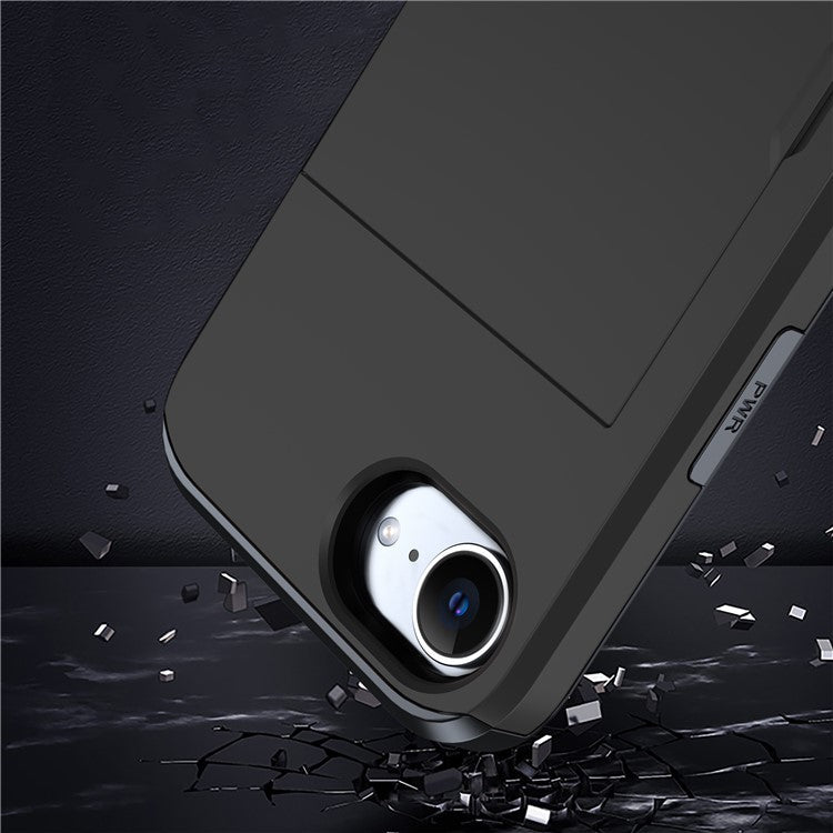 For iPhone 16e Case TPU + PC Dual Layer Armor Phone Cover with Sliding Card Slot - Black