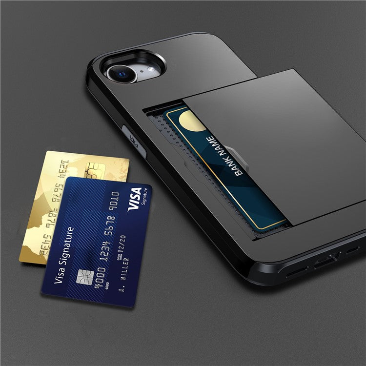 For iPhone 16e Case TPU + PC Dual Layer Armor Phone Cover with Sliding Card Slot - Black