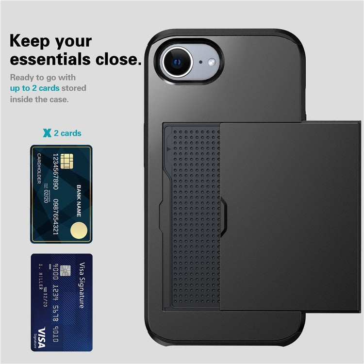 For iPhone 16e Case TPU + PC Dual Layer Armor Phone Cover with Sliding Card Slot - Black