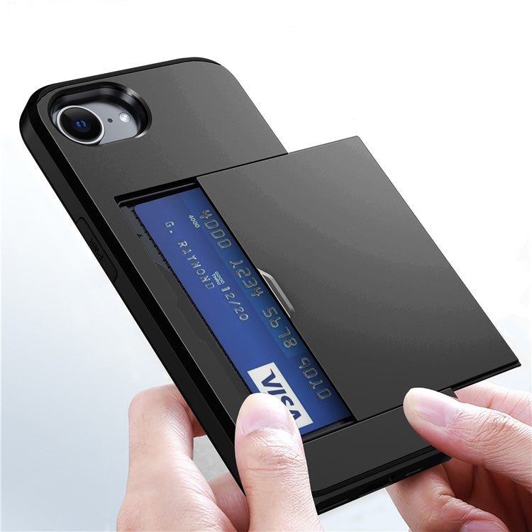 For iPhone 16e Case TPU + PC Dual Layer Armor Phone Cover with Sliding Card Slot - Black