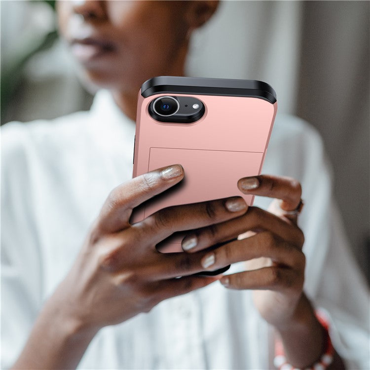 For iPhone 16e Case TPU + PC Dual Layer Armor Phone Cover with Sliding Card Slot - Pink