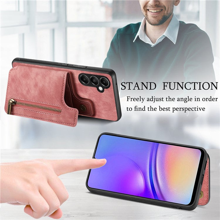D15 For Samsung Galaxy A05s 4G Case Retro Leather+TPU Card Holder Kickstand Phone Cover - Pink