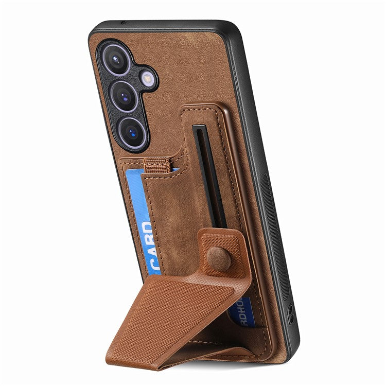 D13 For Samsung Galaxy S24 Kickstand Case Retro PU+TPU Card Holder Smart Phone Cover - Brown