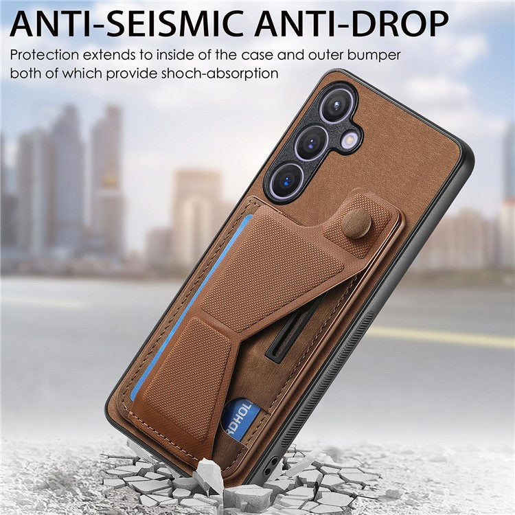 D13 For Samsung Galaxy S24 Kickstand Case Retro PU+TPU Card Holder Smart Phone Cover - Brown