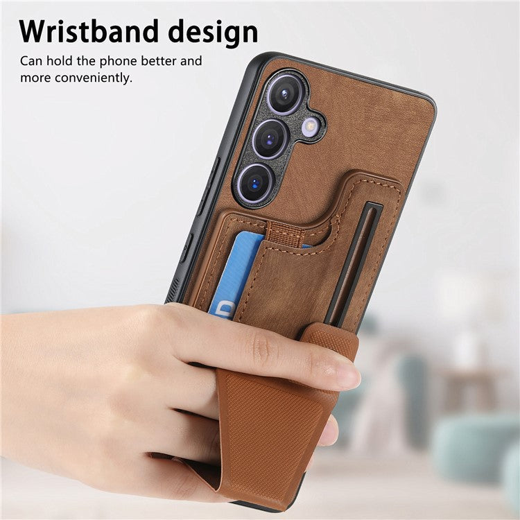 D13 For Samsung Galaxy S24 Kickstand Case Retro PU+TPU Card Holder Smart Phone Cover - Brown
