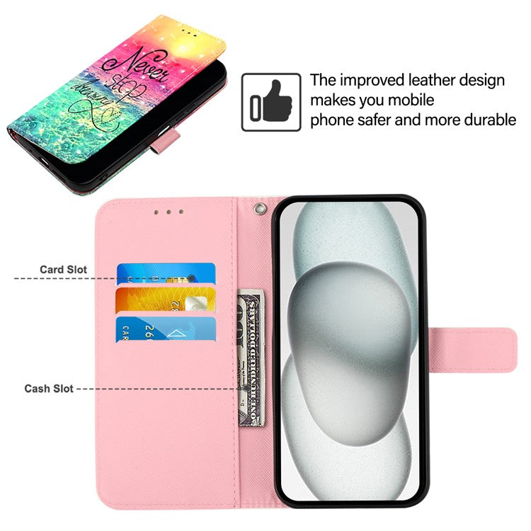 YB Pattern Printing Leather Series-2 For iPhone 16e Protective Case with Hand Strap - Never Stop Dreaming