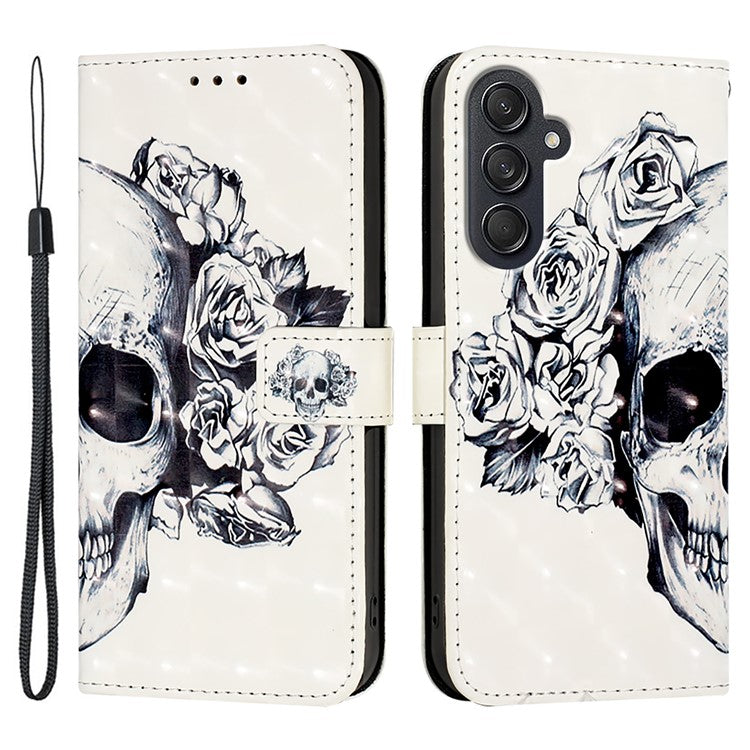 For Samsung Galaxy M55 5G / C55 5G / F55 5G Leather Case Pattern Printing Wallet Stand Mobile Cover with Strap - Skull