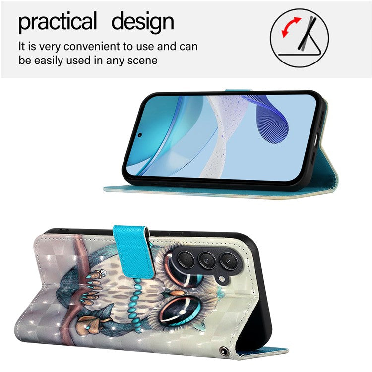 For Samsung Galaxy M55 5G / C55 5G / F55 5G Leather Case Pattern Printing Wallet Stand Mobile Cover with Strap - Grey Owl
