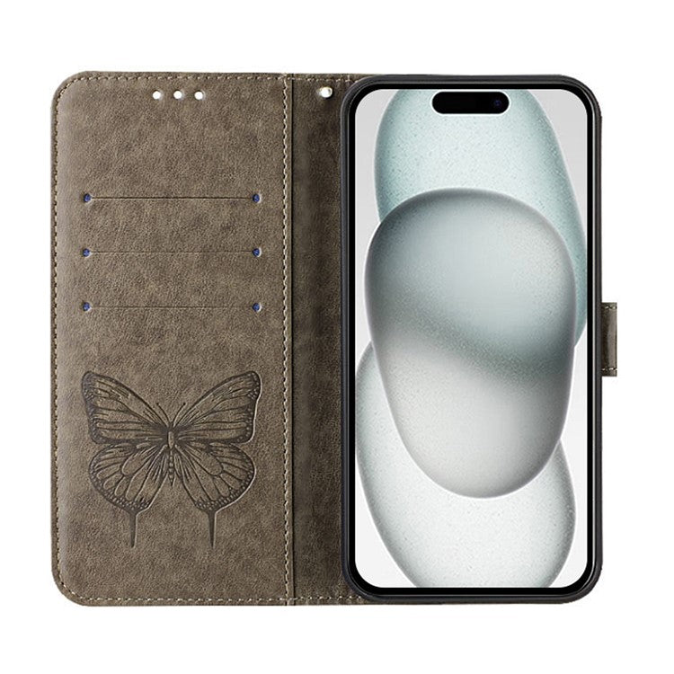 YB Imprinting Series-4 For iPhone SE (2025) Wallet Case Shockproof Leather Phone Cover with Hand Strap - Grey