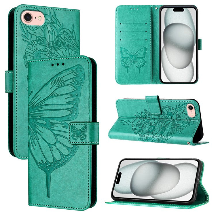 YB Imprinting Series-4 For iPhone 16e Wallet Case Shockproof Leather Phone Cover with Hand Strap - Green