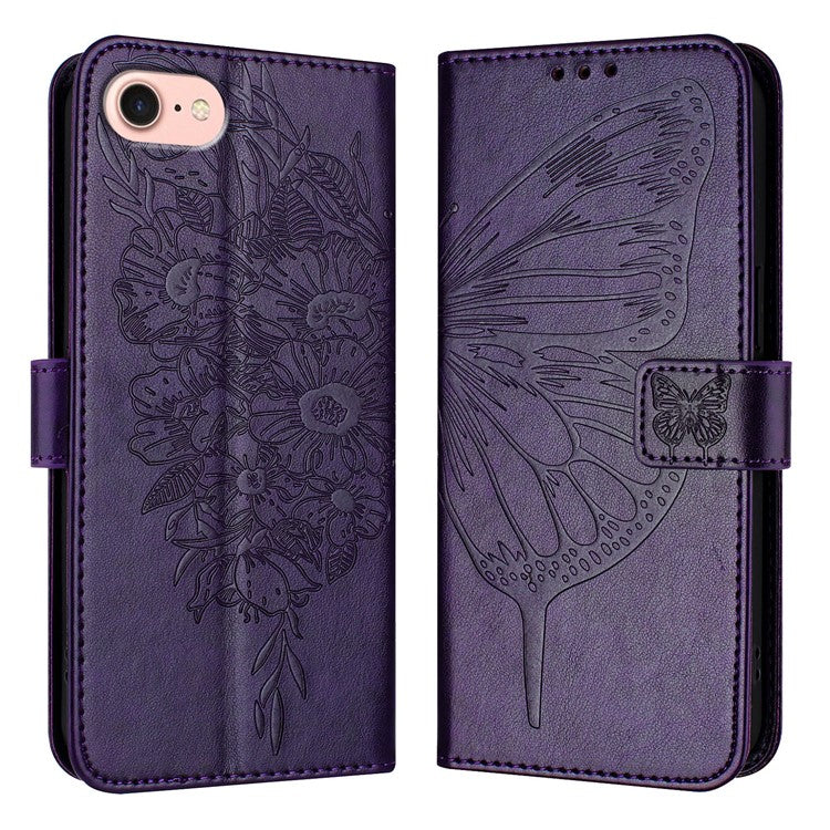 YB Imprinting Series-4 For iPhone SE (2025) Wallet Case Shockproof Leather Phone Cover with Hand Strap - Dark Purple