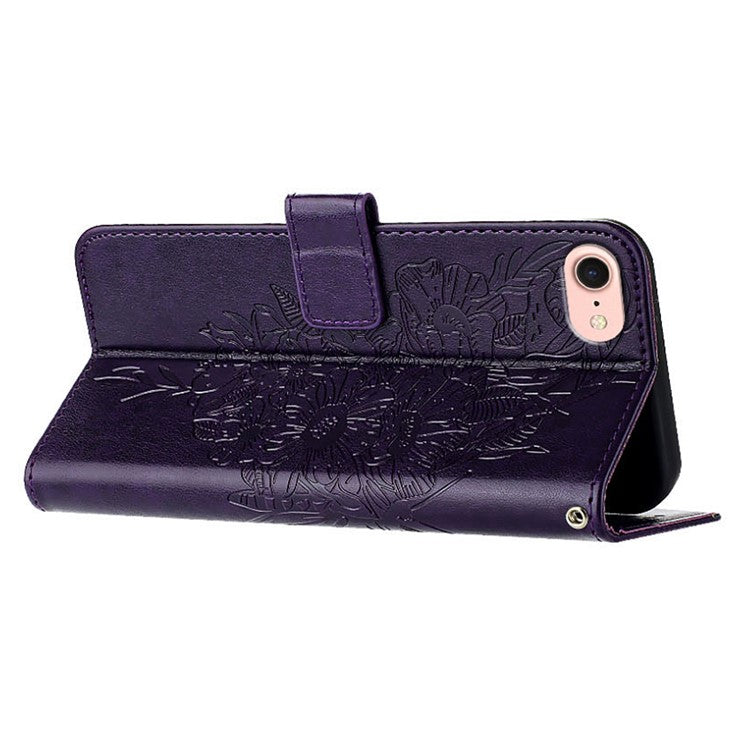 YB Imprinting Series-4 For iPhone SE (2025) Wallet Case Shockproof Leather Phone Cover with Hand Strap - Dark Purple