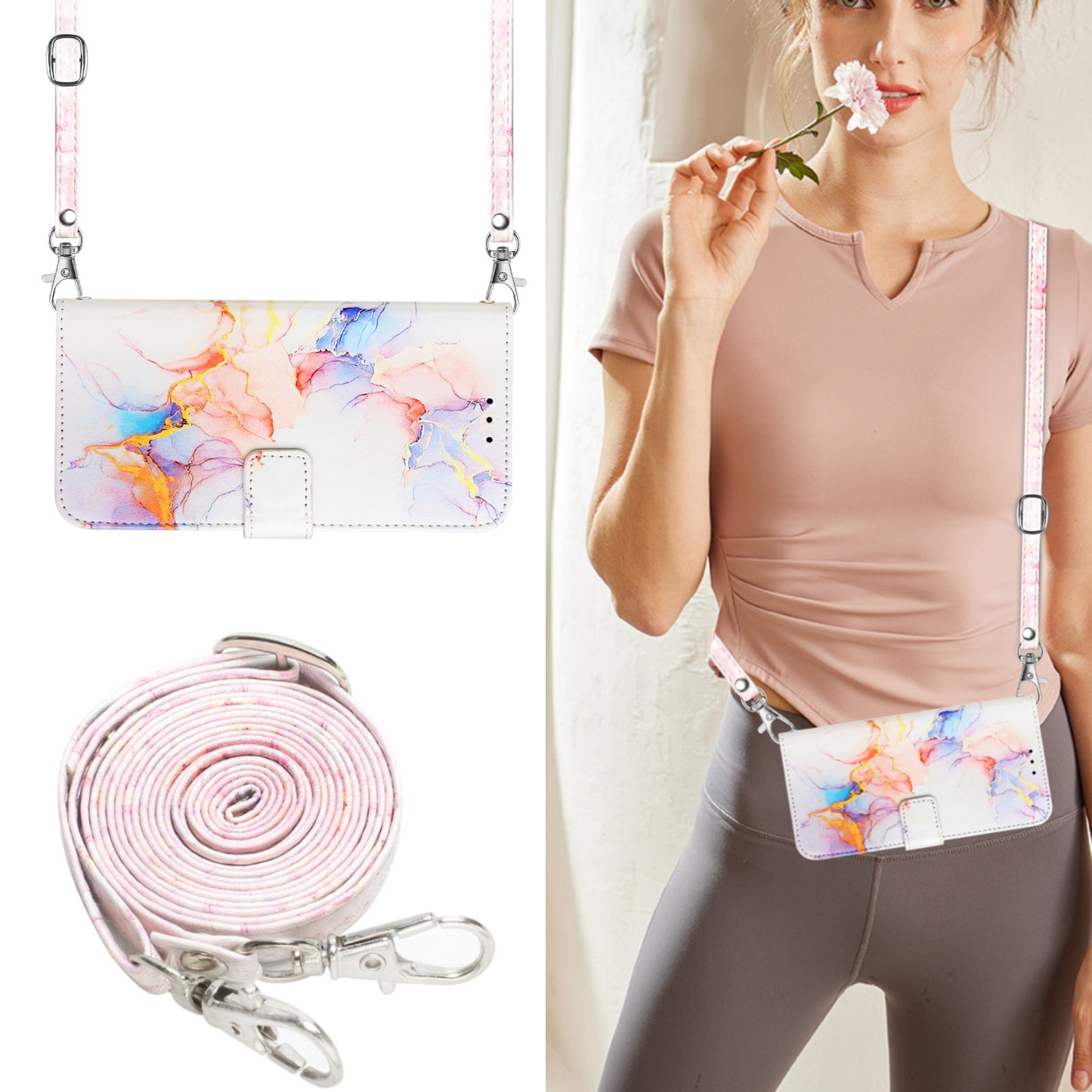 For Samsung Galaxy Z Fold6 5G Case with Strap Leather Wallet Phone Cover - Milky Way Marble White LS004