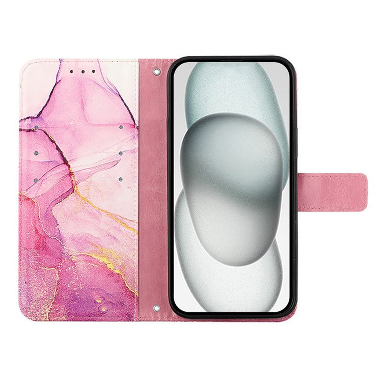 YB Pattern Printing Leather Series-5 For iPhone 16e Wallet Case Leather Phone Cover with Strap - Pink+Purple+Gold LS001