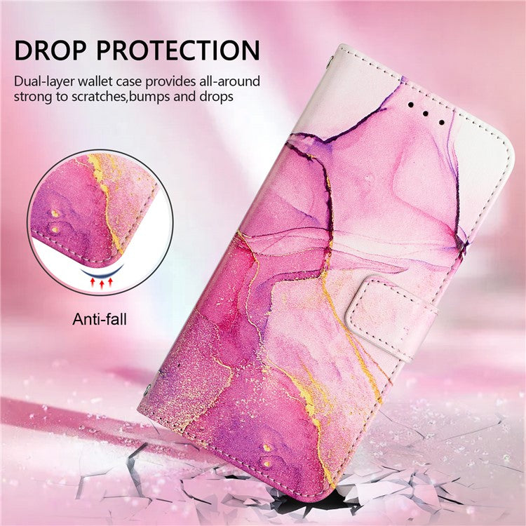YB Pattern Printing Leather Series-5 For iPhone 16e Wallet Case Leather Phone Cover with Strap - Pink+Purple+Gold LS001