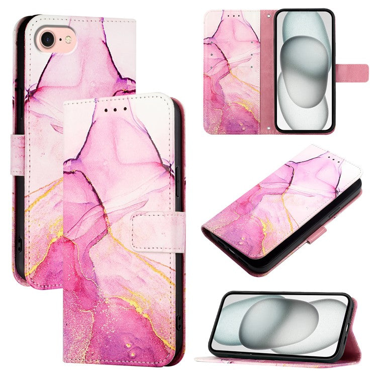 YB Pattern Printing Leather Series-5 For iPhone 16e Wallet Case Leather Phone Cover with Strap - Pink+Purple+Gold LS001