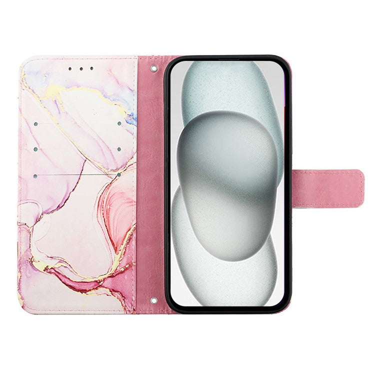 YB Pattern Printing Leather Series-5 For iPhone 16e Wallet Case Leather Phone Cover with Strap - Rose Gold LS005