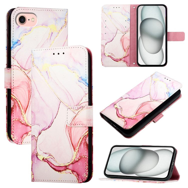 YB Pattern Printing Leather Series-5 For iPhone 16e Wallet Case Leather Phone Cover with Strap - Rose Gold LS005