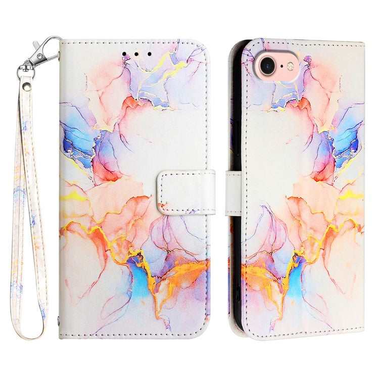 YB Pattern Printing Leather Series-5 For iPhone 16e Wallet Case Leather Phone Cover with Strap - Milky Way Marble White LS004