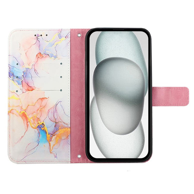 YB Pattern Printing Leather Series-5 For iPhone 16e Wallet Case Leather Phone Cover with Strap - Milky Way Marble White LS004