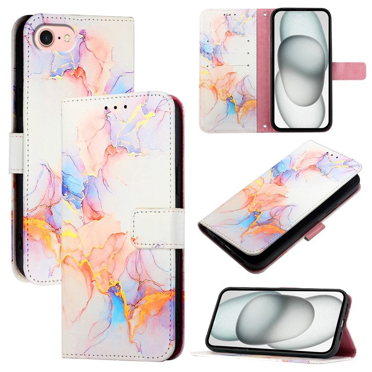 YB Pattern Printing Leather Series-5 For iPhone 16e Wallet Case Leather Phone Cover with Strap - Milky Way Marble White LS004