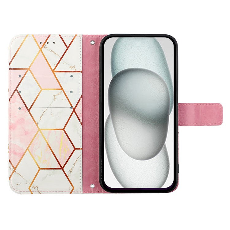 YB Pattern Printing Leather Series-5 For iPhone 16e Wallet Case Leather Phone Cover with Strap - Pink+White LS002