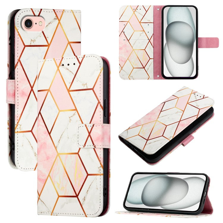 YB Pattern Printing Leather Series-5 For iPhone 16e Wallet Case Leather Phone Cover with Strap - Pink+White LS002