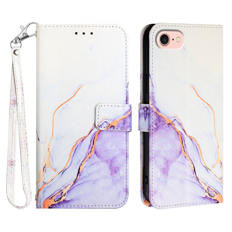 YB Pattern Printing Leather Series-5 For iPhone 16e Wallet Case Leather Phone Cover with Strap - White+Purple LS006