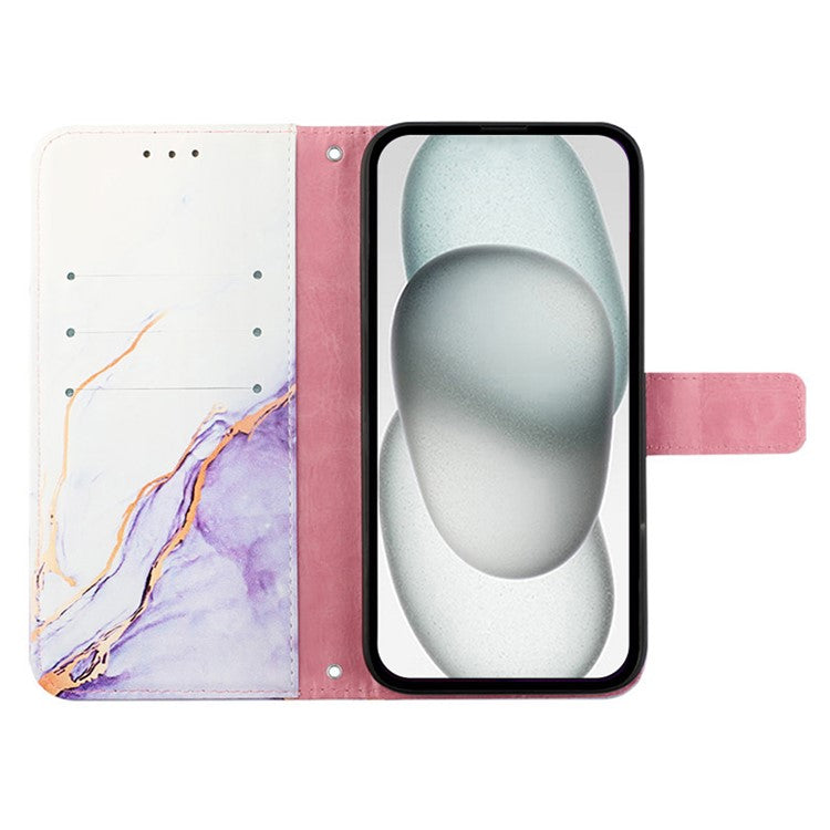 YB Pattern Printing Leather Series-5 For iPhone 16e Wallet Case Leather Phone Cover with Strap - White+Purple LS006