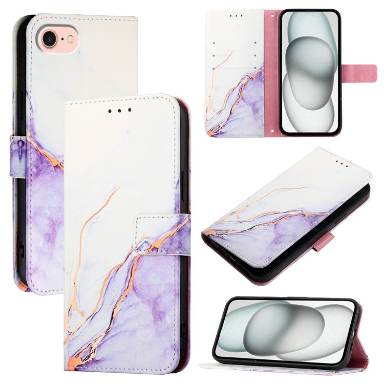 YB Pattern Printing Leather Series-5 For iPhone 16e Wallet Case Leather Phone Cover with Strap - White+Purple LS006