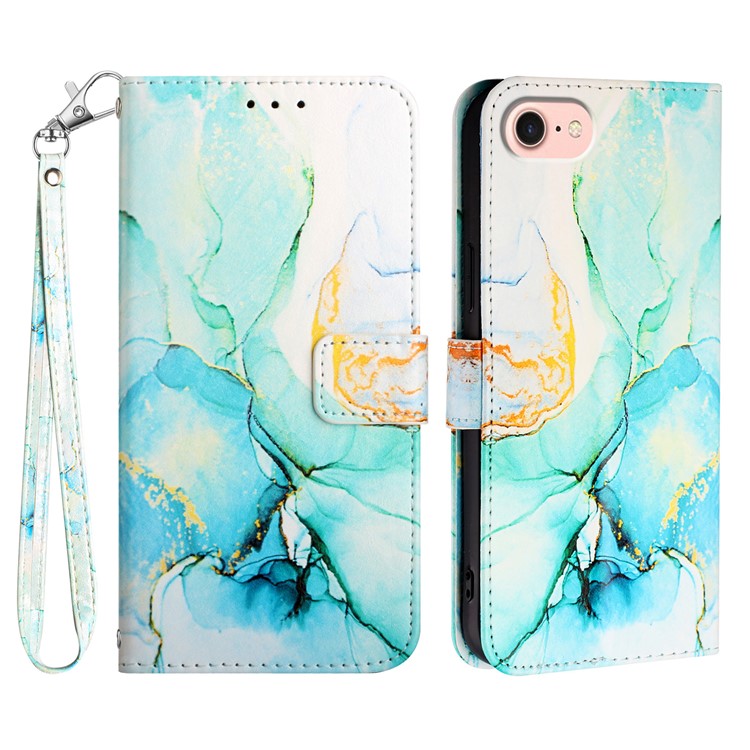 YB Pattern Printing Leather Series-5 For iPhone 16e Wallet Case Leather Phone Cover with Strap - Green LS003