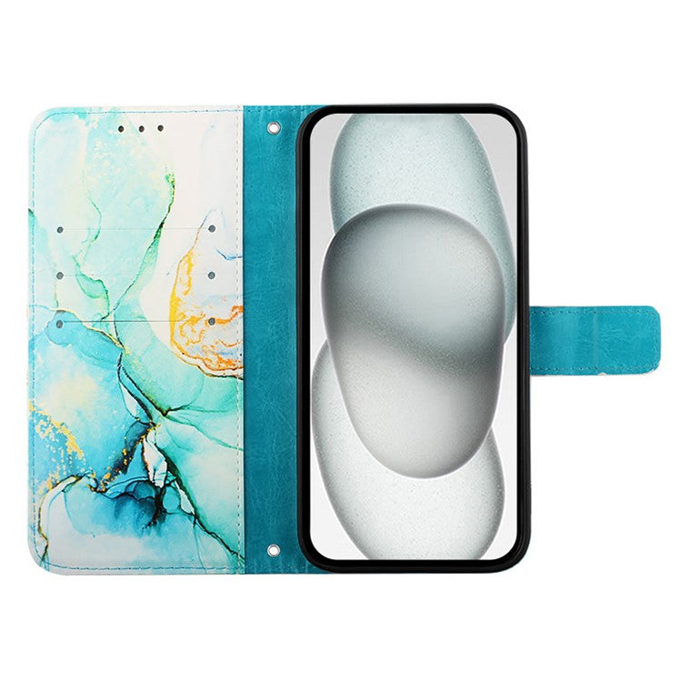 YB Pattern Printing Leather Series-5 For iPhone 16e Wallet Case Leather Phone Cover with Strap - Green LS003
