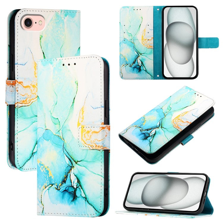 YB Pattern Printing Leather Series-5 For iPhone 16e Wallet Case Leather Phone Cover with Strap - Green LS003