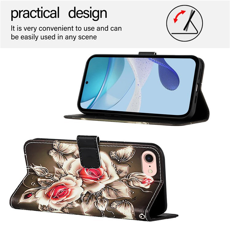 YB Pattern Printing Leather Series-4 for iPhone 16e Case Wallet Phone Cover Wholesale - Rose