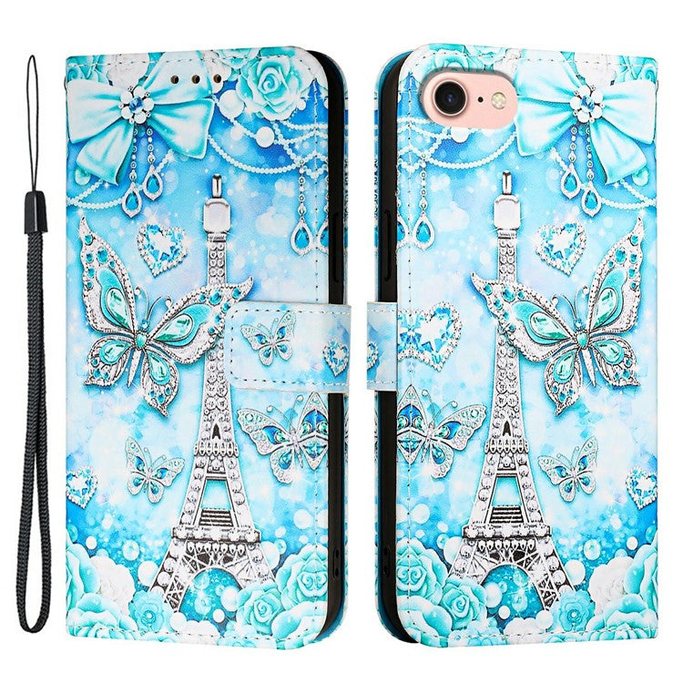 YB Pattern Printing Leather Series-4 for iPhone 16e Case Wallet Phone Cover Wholesale - Eiffel Tower and Butterfly