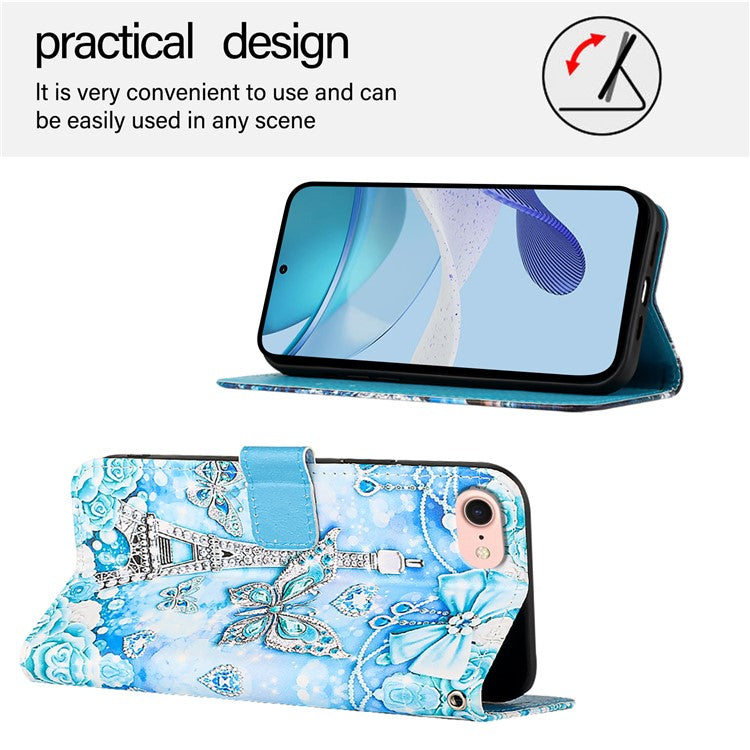 YB Pattern Printing Leather Series-4 for iPhone 16e Case Wallet Phone Cover Wholesale - Eiffel Tower and Butterfly
