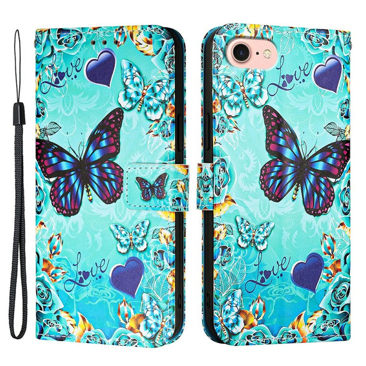YB Pattern Printing Leather Series-4 for iPhone 16e Case Wallet Phone Cover Wholesale - Butterfly and Heart